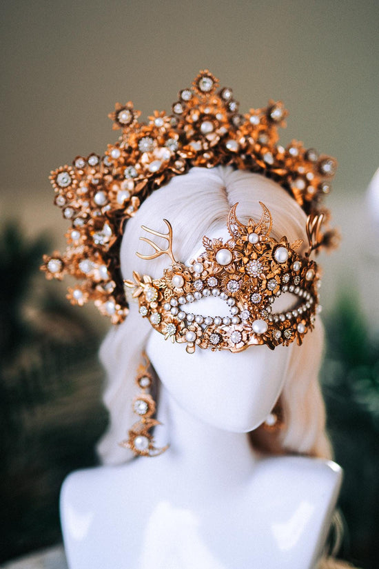 Golden Masquerade Halo Crown Floral Deer Antler Headpiece