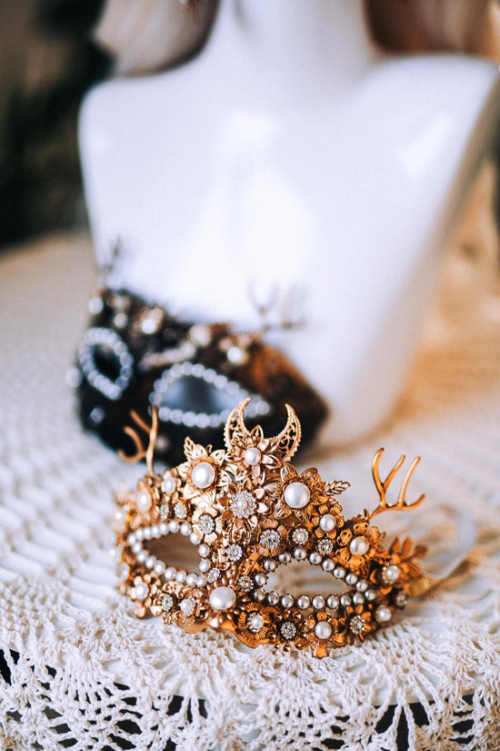 Golden Masquerade Halo Crown Floral Deer Antler Headpiece