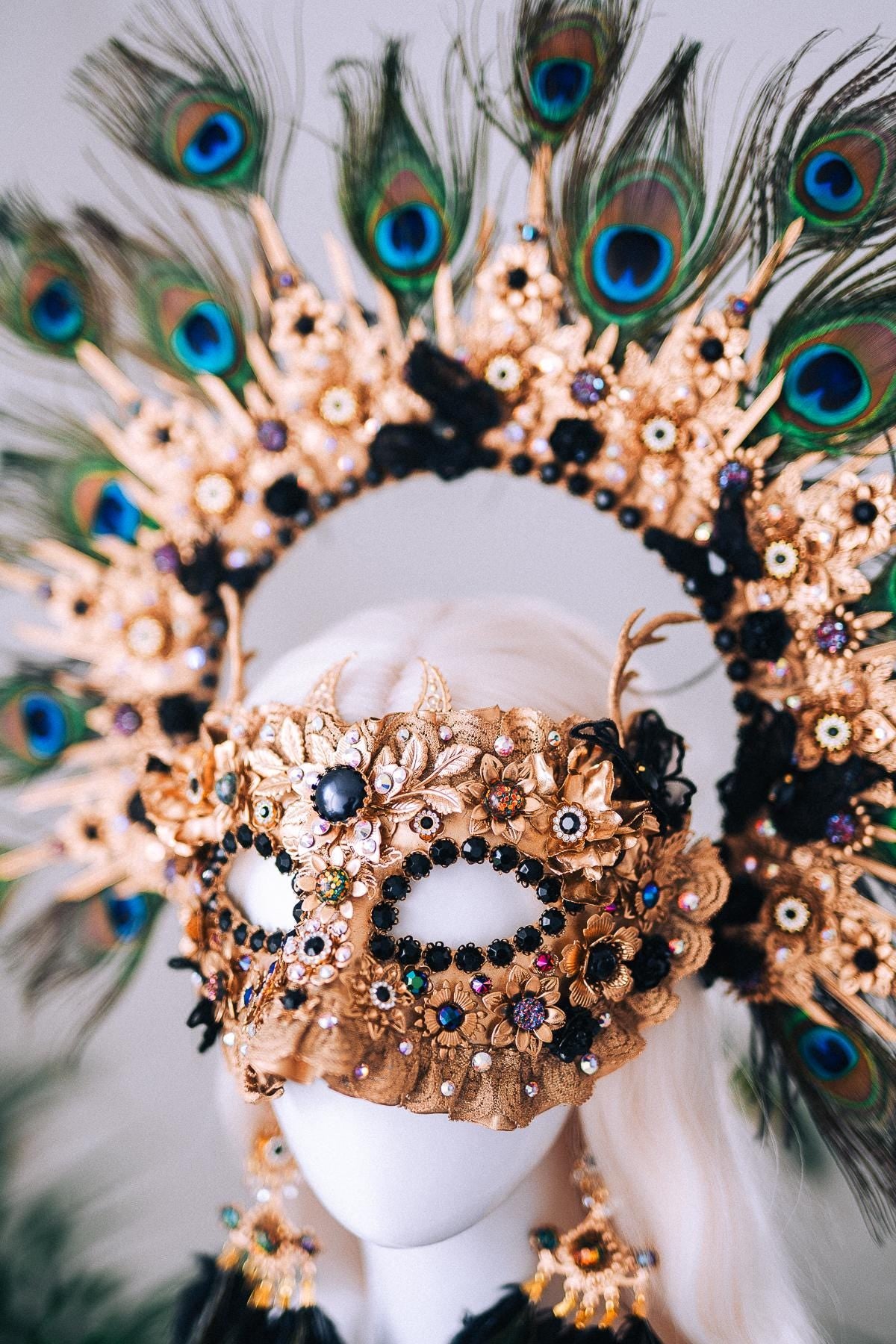 Black Gold Peacock Masquerade Mask Elegant Carnival Costume Mask For Him