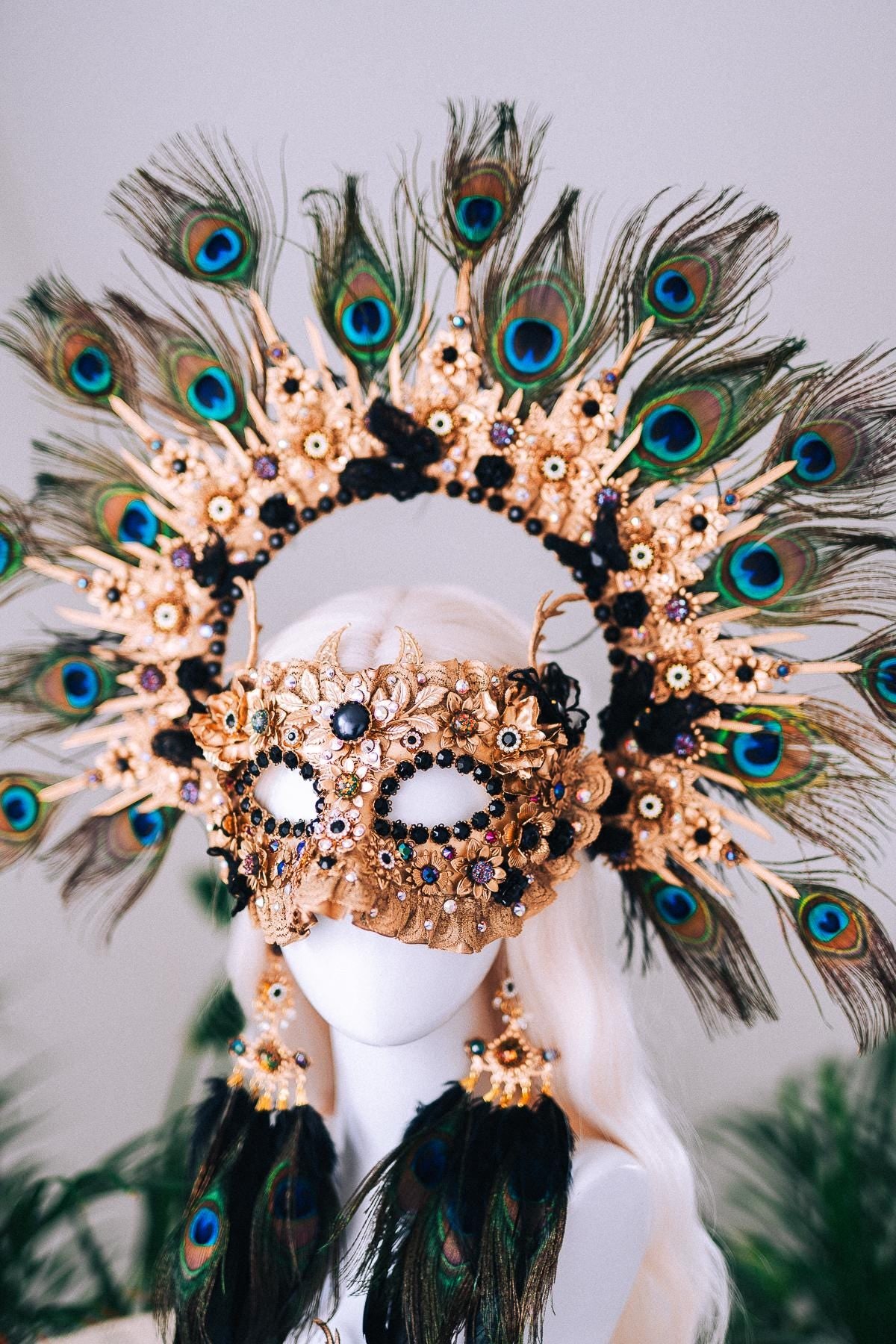 Black Gold Peacock Masquerade Mask Elegant Carnival Costume Mask For Him