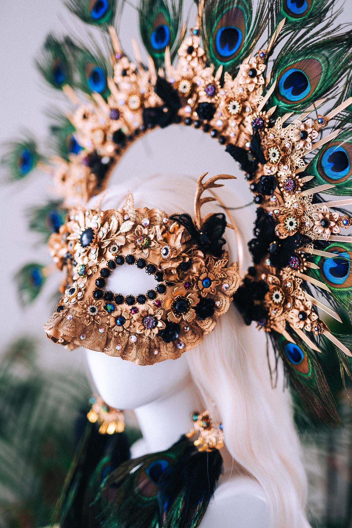 Black Gold Peacock Masquerade Mask Elegant Carnival Costume Mask For Him