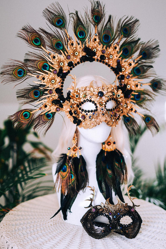 Golden Peacock Masquerade Mask Floral Carnival Costume Mask For Her