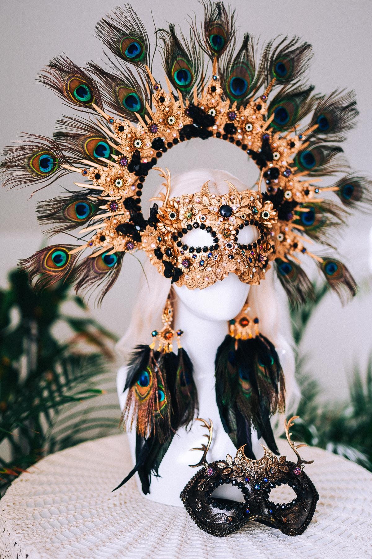 Black Gold Peacock Masquerade Mask Elegant Carnival Costume Mask For Him