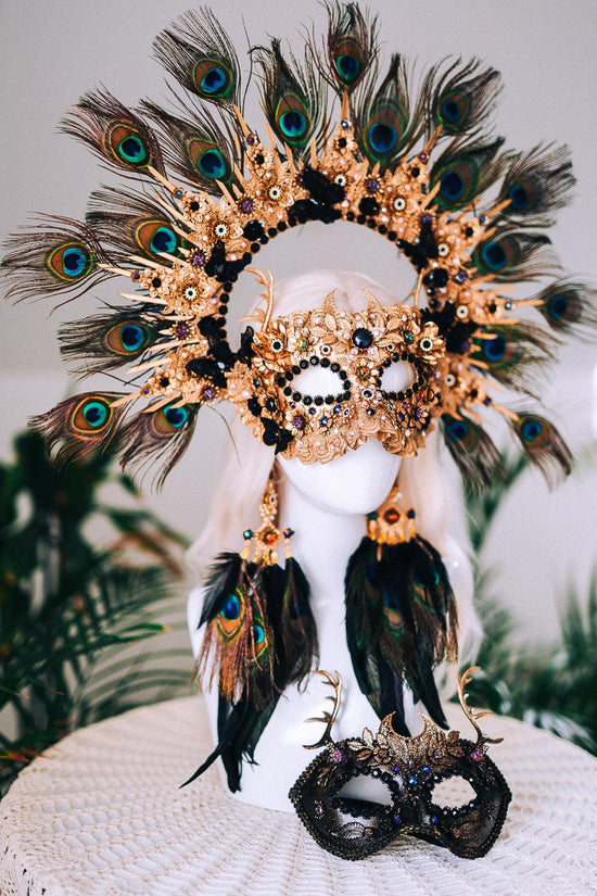 Black Gold Peacock Masquerade Mask Elegant Carnival Costume Mask For Him