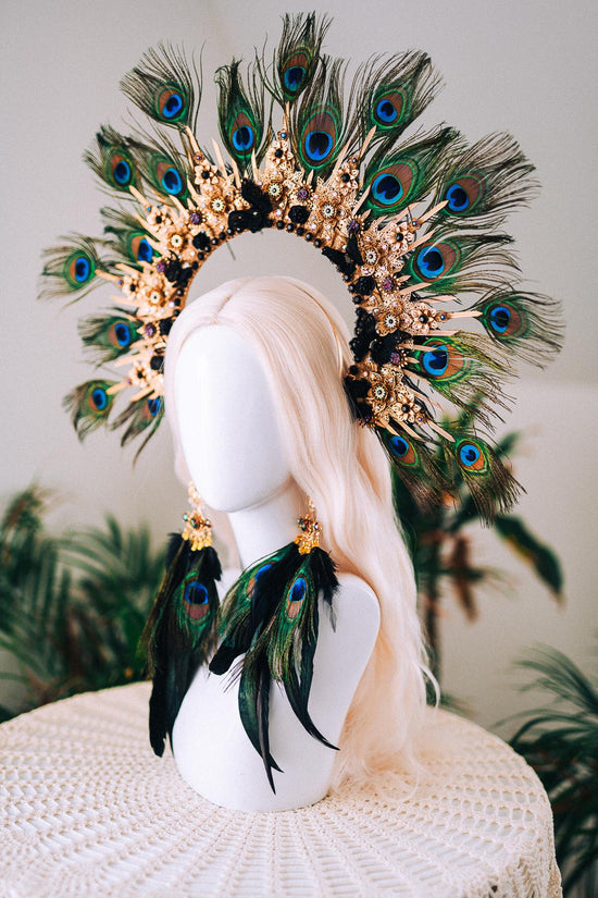 Golden Peacock Masquerade Earrings Floral Crystal Feather Jewelry