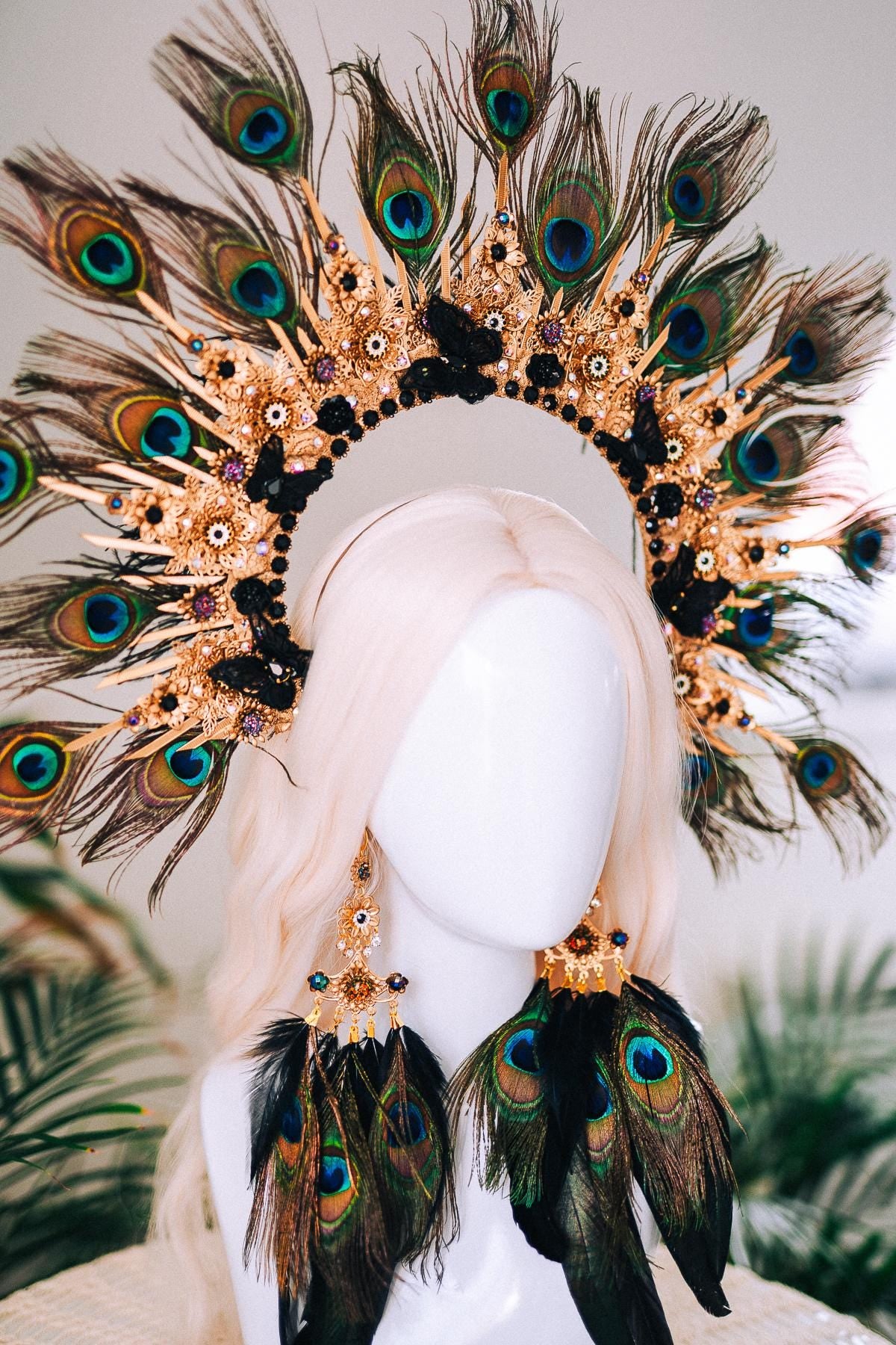 Golden Peacock Masquerade Earrings Floral Crystal Feather Jewelry