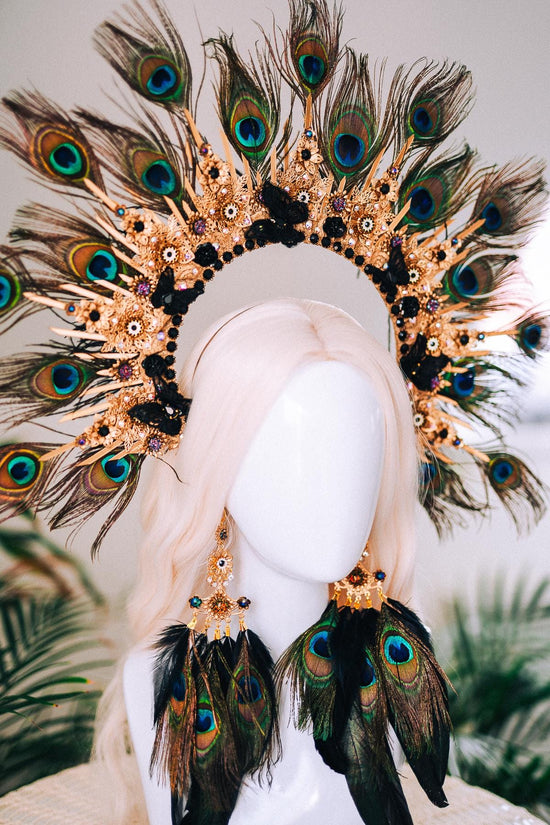Golden Peacock Masquerade Earrings Floral Crystal Feather Jewelry