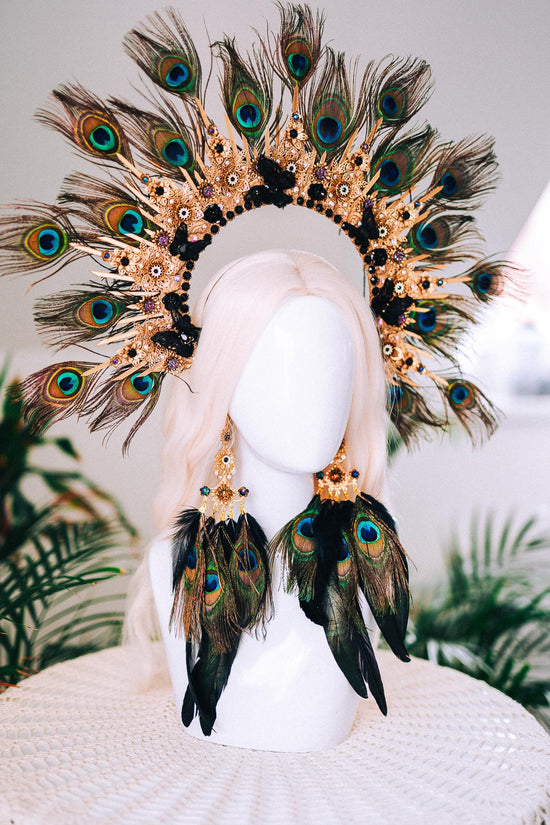 Golden Peacock Masquerade Earrings Floral Crystal Feather Jewelry