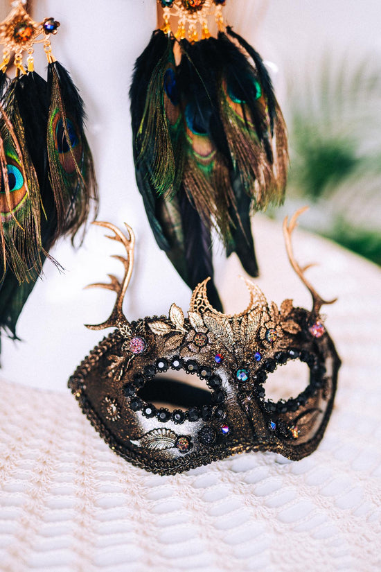 Golden Peacock Masquerade Earrings Floral Crystal Feather Jewelry