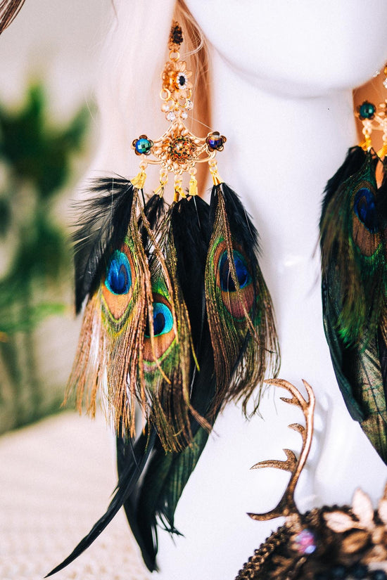 Golden Peacock Masquerade Earrings Floral Crystal Feather Jewelry