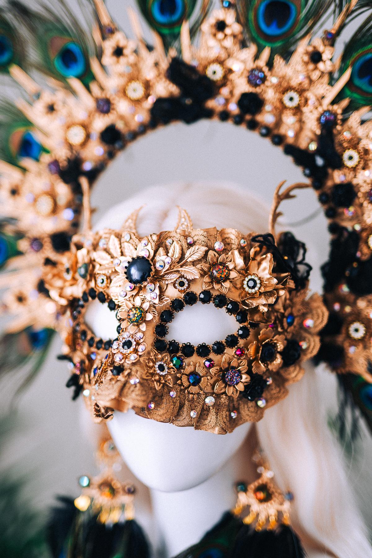 Golden Peacock Masquerade Earrings Floral Crystal Feather Jewelry