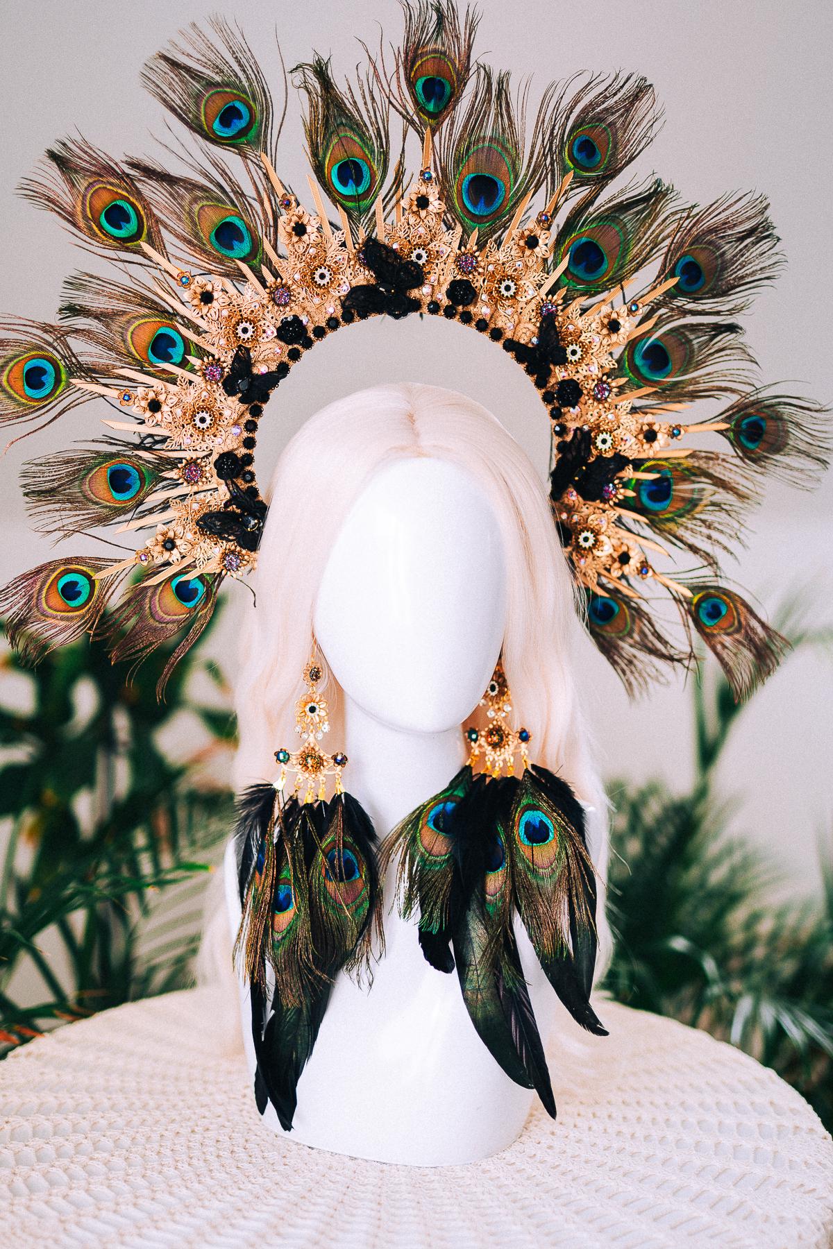 Golden Peacock Masquerade Earrings Floral Crystal Feather Jewelry