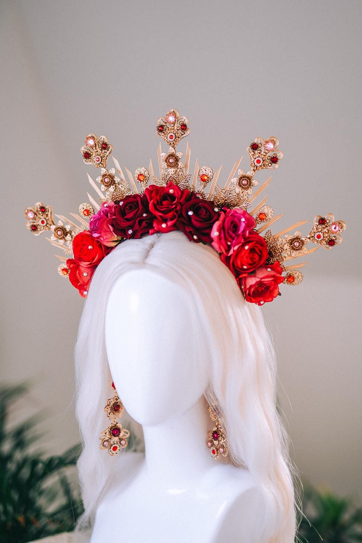 Golden Rose Masquerade Mask Red Pink Floral Carnival Costume Mask For Her