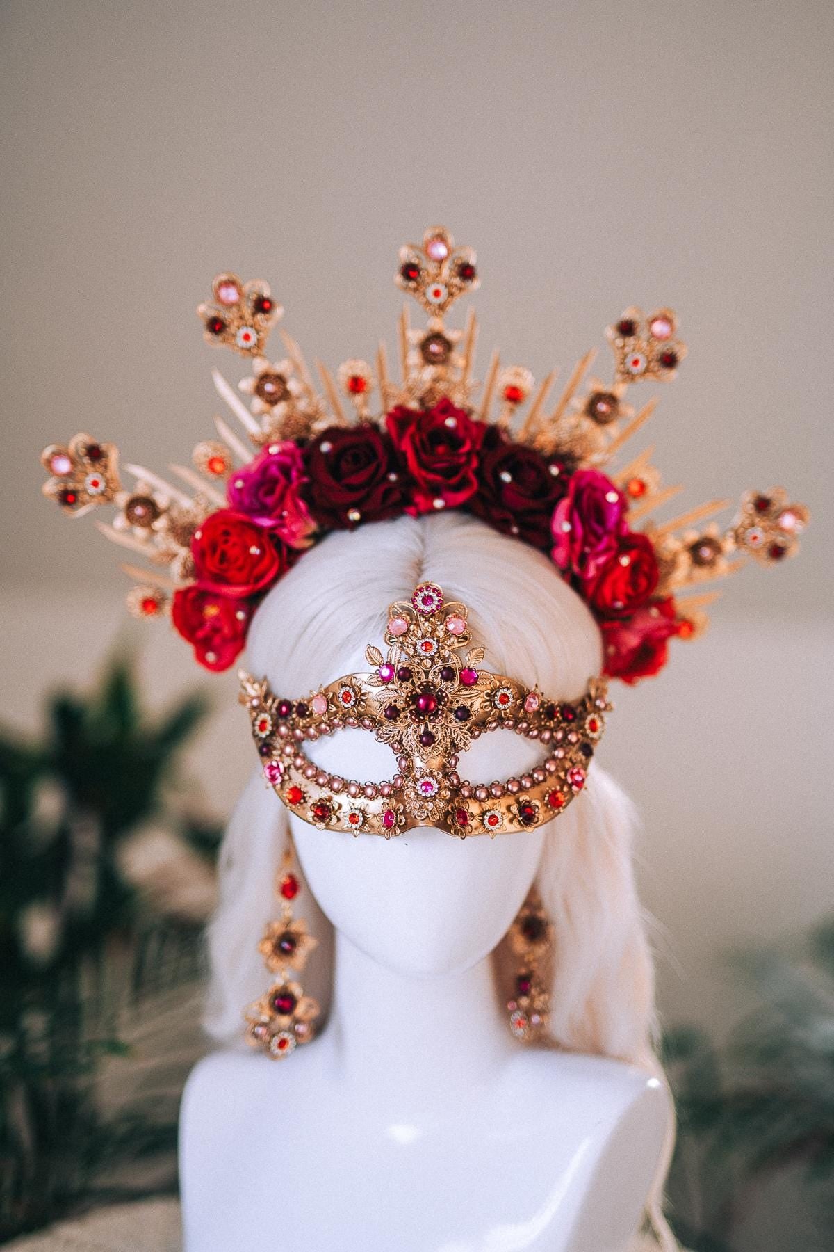 Golden Rose Masquerade Halo Crown Red Pink Floral Carnival Headpiece