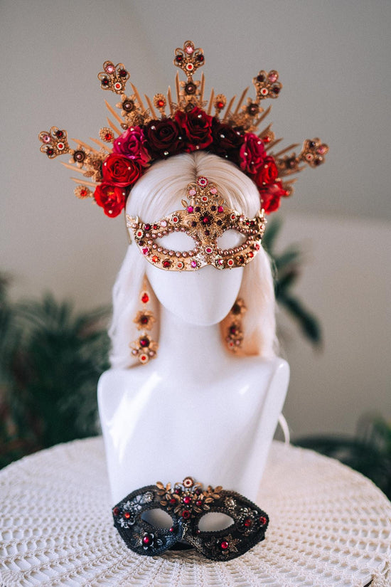 Golden Rose Masquerade Halo Crown Red Pink Floral Carnival Headpiece