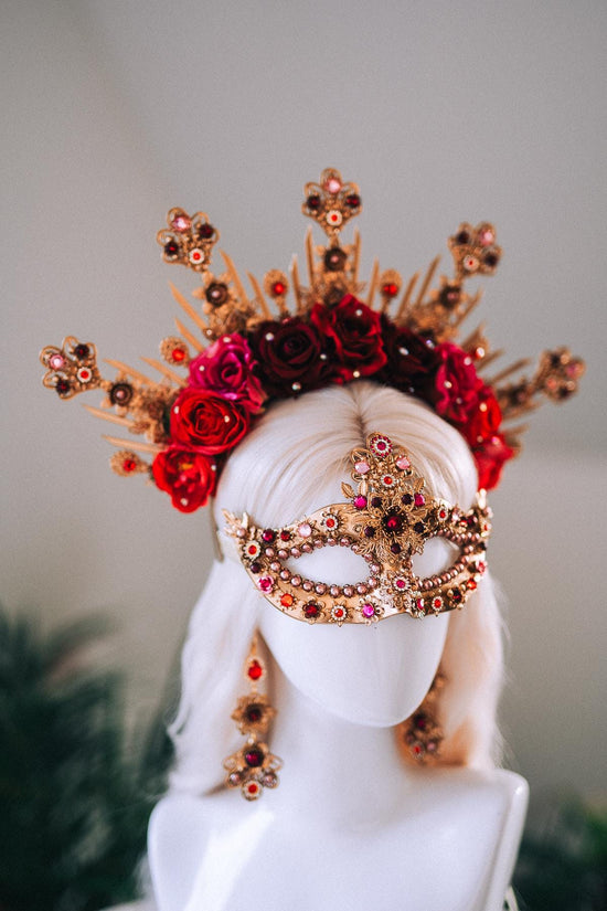 Golden Rose Masquerade Halo Crown Red Pink Floral Carnival Headpiece