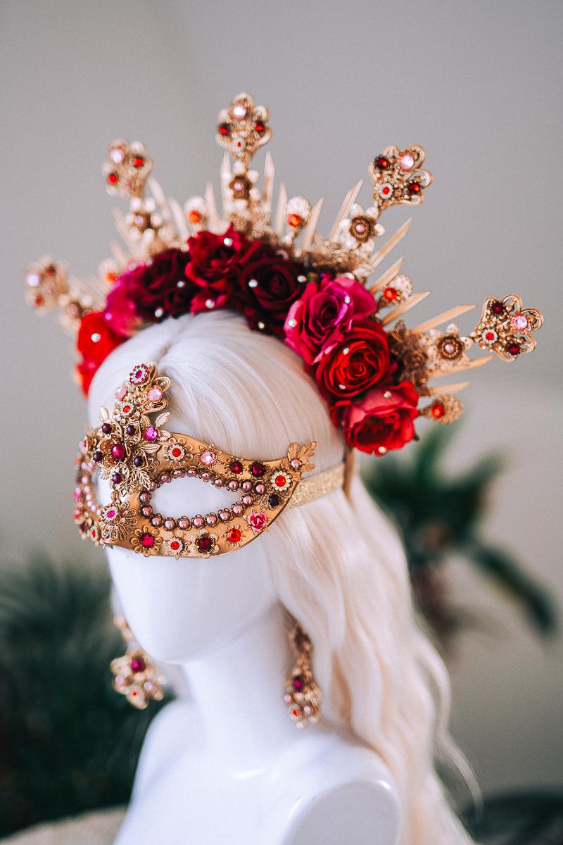 Golden Rose Masquerade Halo Crown Red Pink Floral Carnival Headpiece