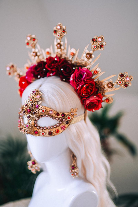 Golden Rose Masquerade Halo Crown Red Pink Floral Carnival Headpiece