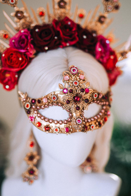 Golden Rose Masquerade Halo Crown Red Pink Floral Carnival Headpiece