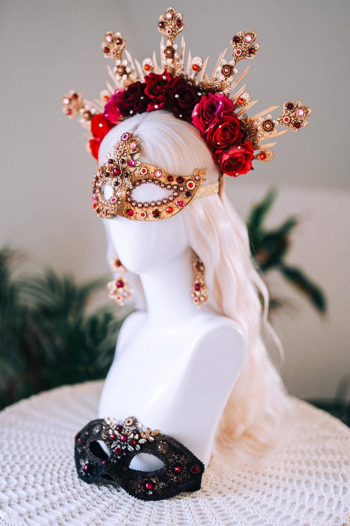 Golden Rose Masquerade Halo Crown Red Pink Floral Carnival Headpiece