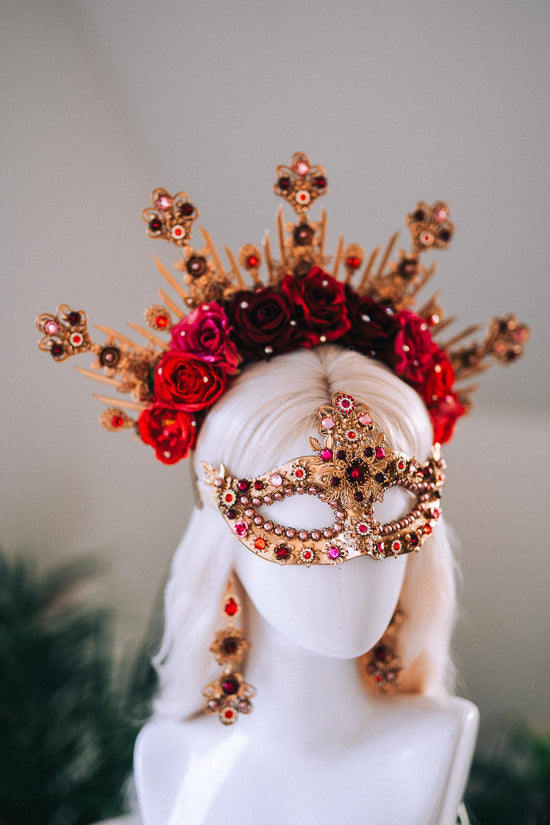 Golden Rose Masquerade Earrings Red Pink Floral Crystal Pearl Carnival Jewelry For Her