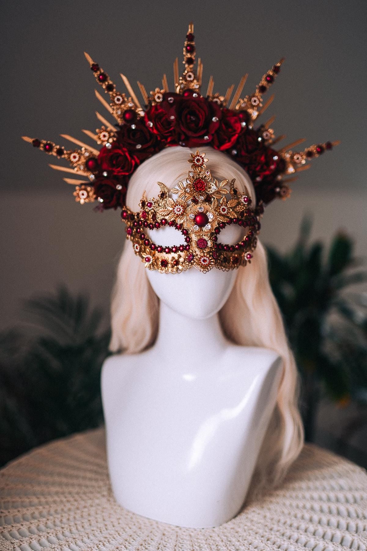 Burgundy Gold Crystal Masquerade Mask with Halo Crown, Venetian Mardi Gras Costume