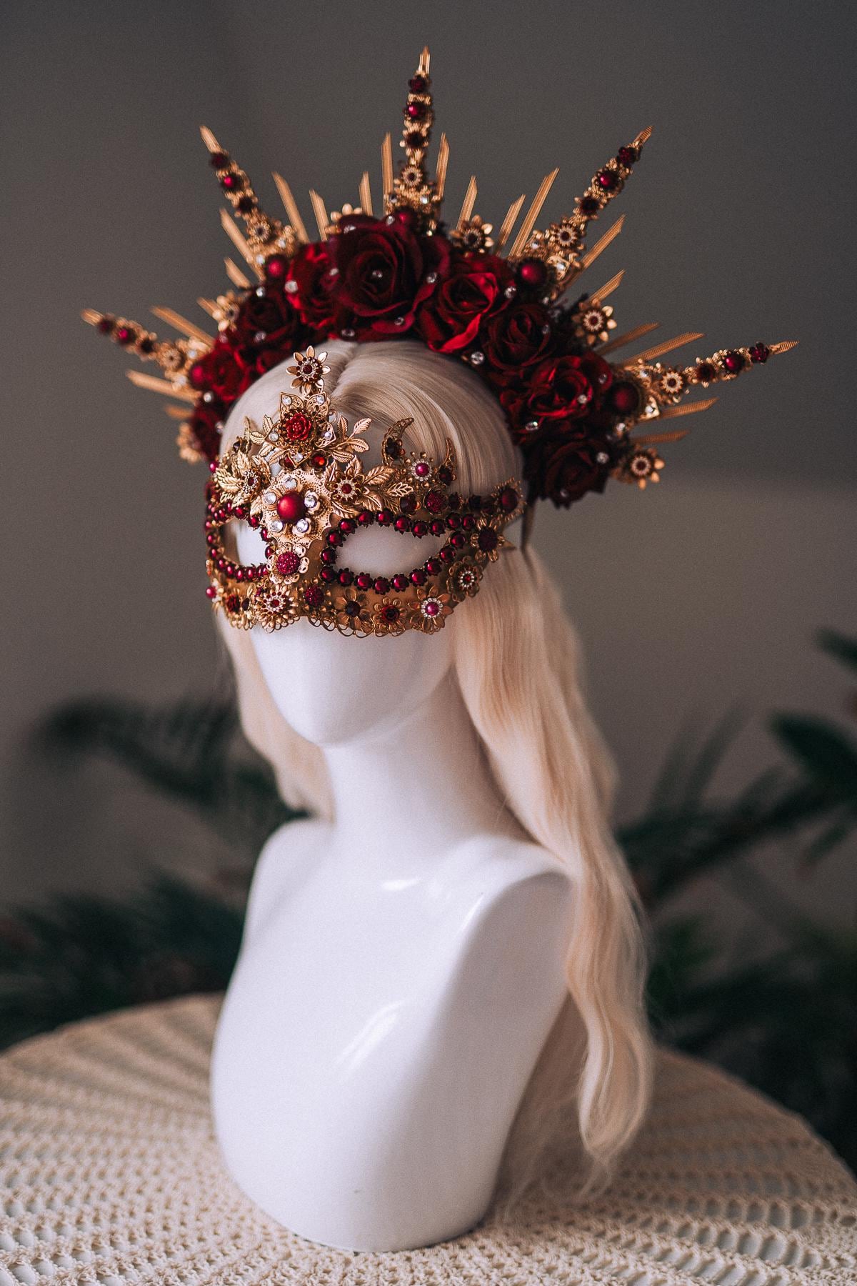 Burgundy Gold Crystal Masquerade Mask with Halo Crown, Venetian Mardi Gras Costume