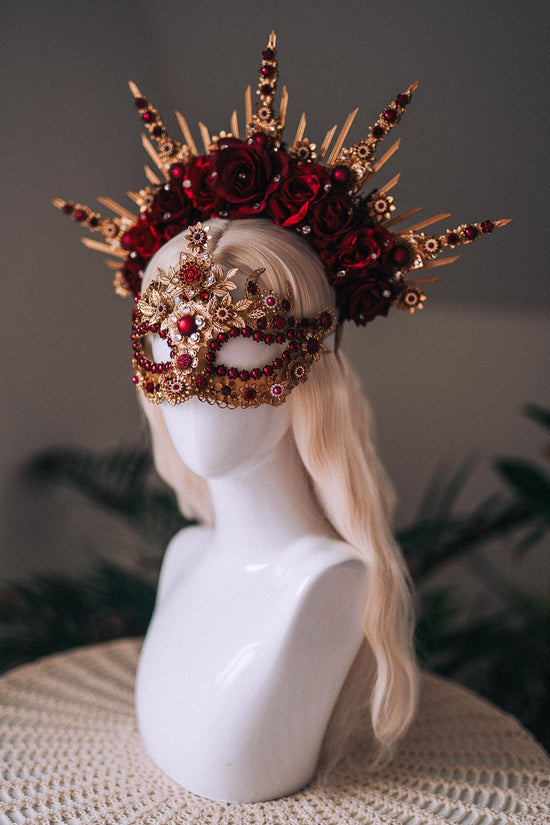 Gold Masquerade Mask Burgundy Red Crown Set Carnival Costume Halo Crown Mardi Gras Mask Halloween Headpiece Floral Mask