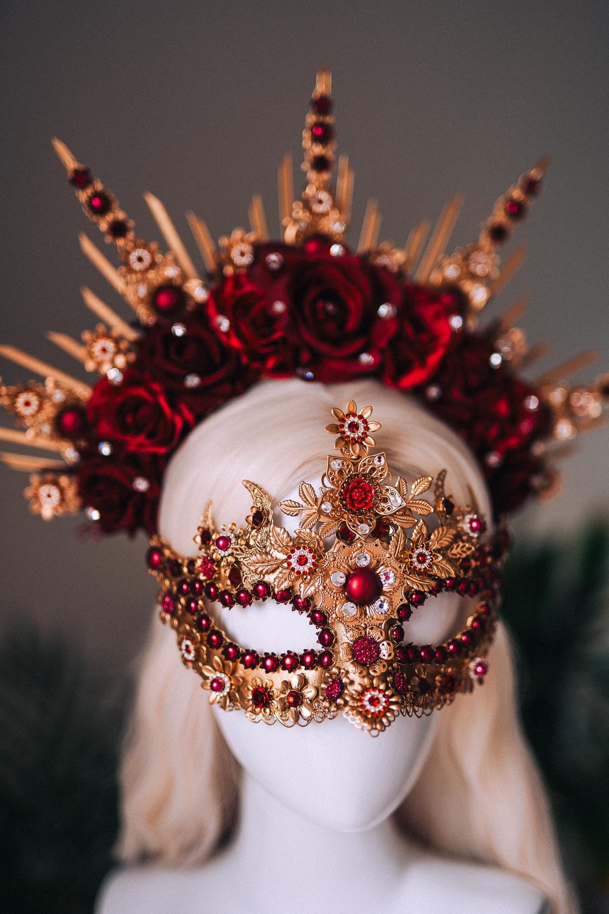 Burgundy Gold Crystal Masquerade Mask with Halo Crown, Venetian Mardi Gras Costume