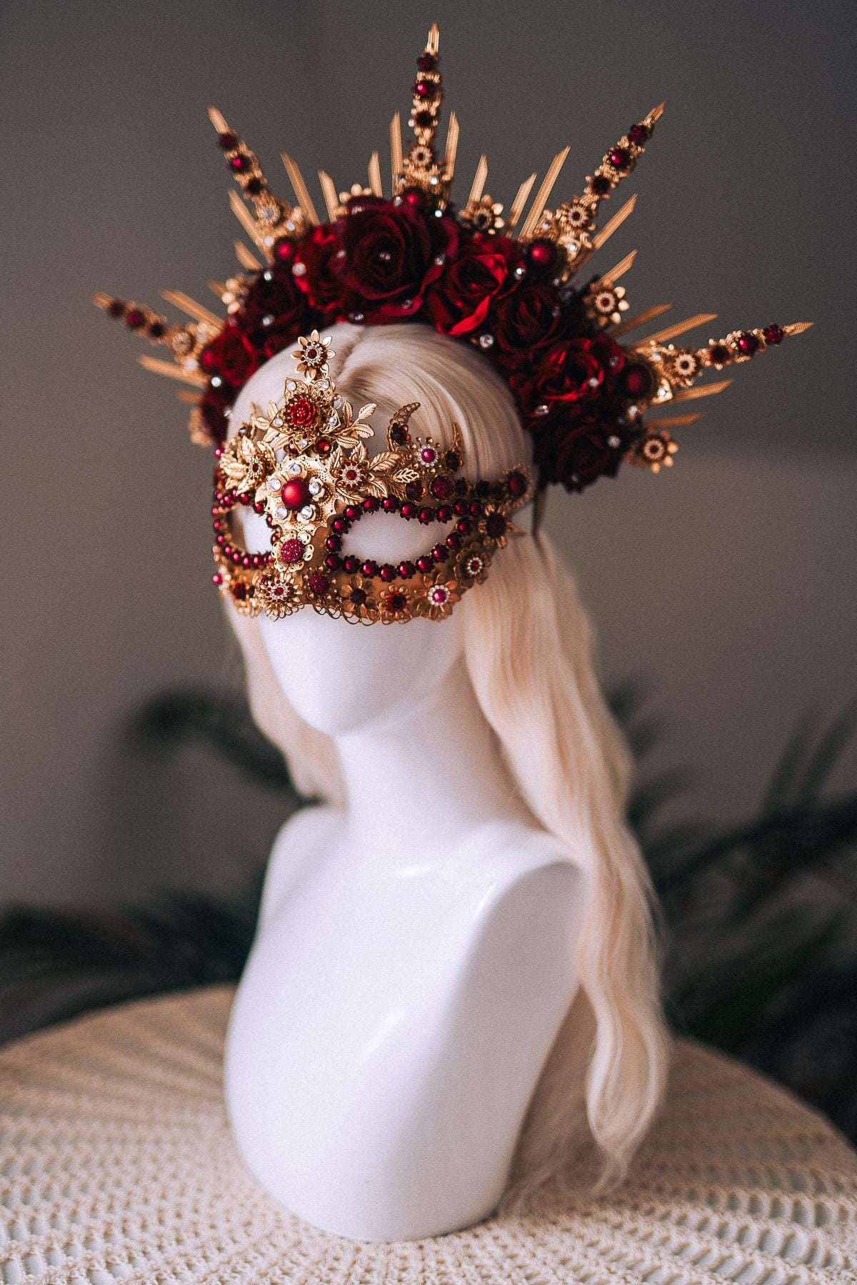 Burgundy Gold Crystal Masquerade Mask with Halo Crown, Venetian Mardi Gras Costume