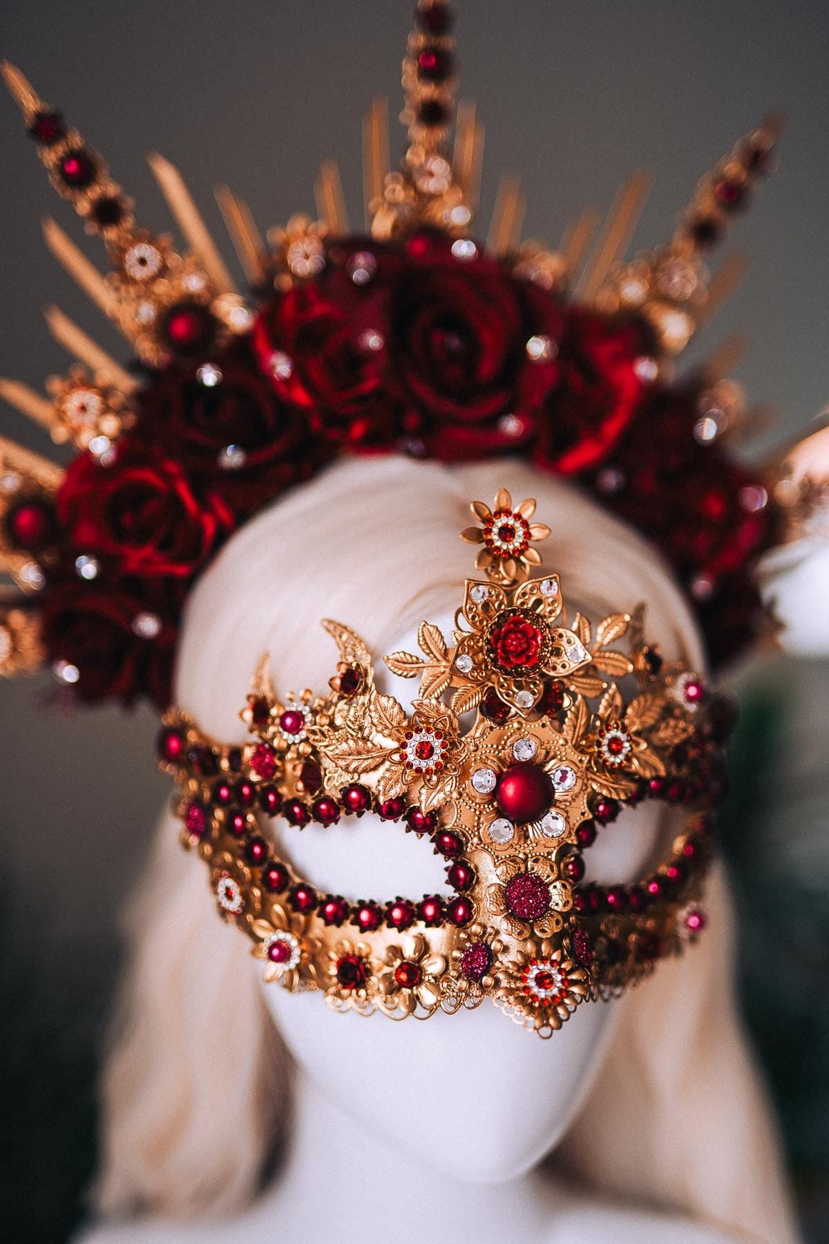 Burgundy Gold Crystal Masquerade Mask with Halo Crown, Venetian Mardi Gras Costume