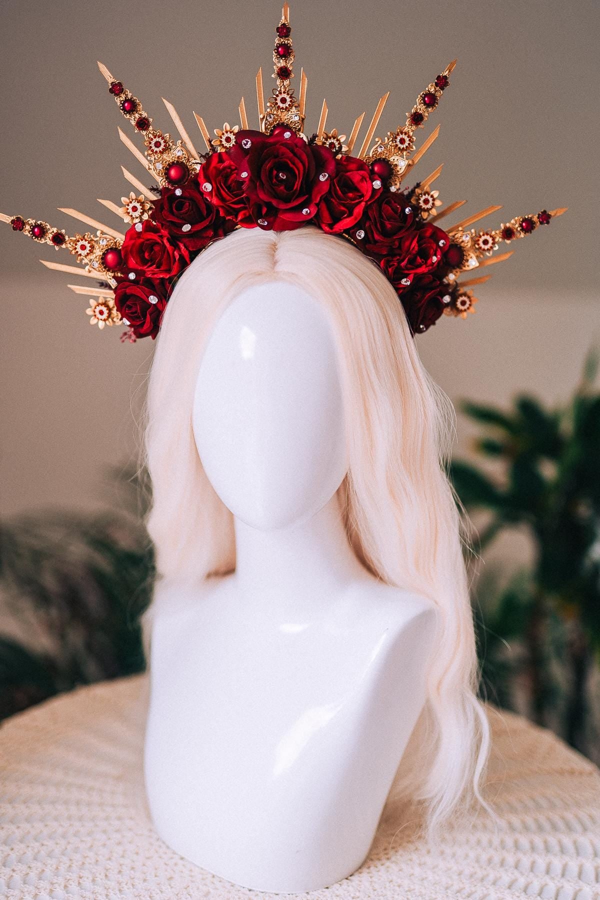 Burgundy Gold Crystal Masquerade Mask with Halo Crown, Venetian Mardi Gras Costume