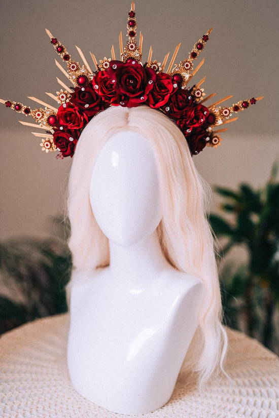 Gold Masquerade Mask Burgundy Red Crown Set Carnival Costume Halo Crown Mardi Gras Mask Halloween Headpiece Floral Mask