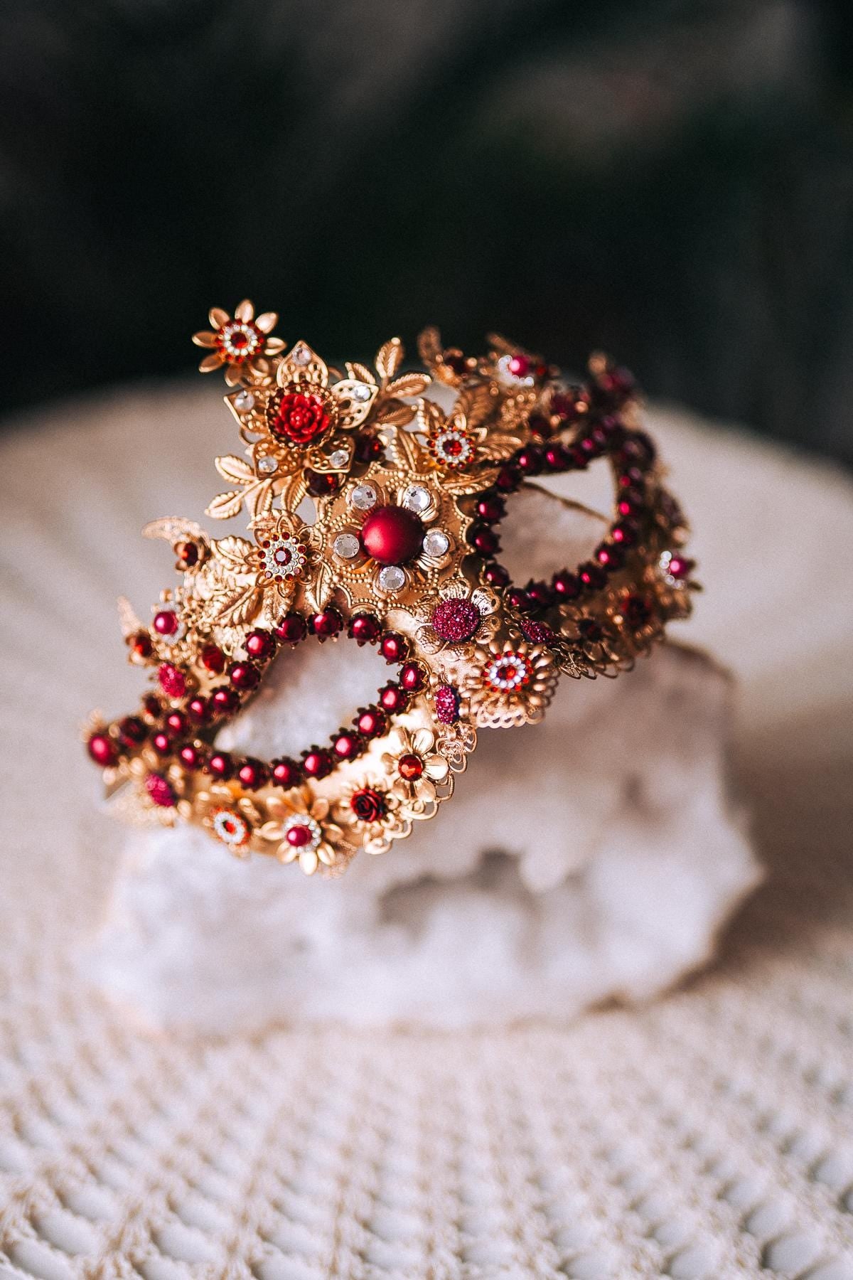 Burgundy Gold Crystal Masquerade Mask with Halo Crown, Venetian Mardi Gras Costume