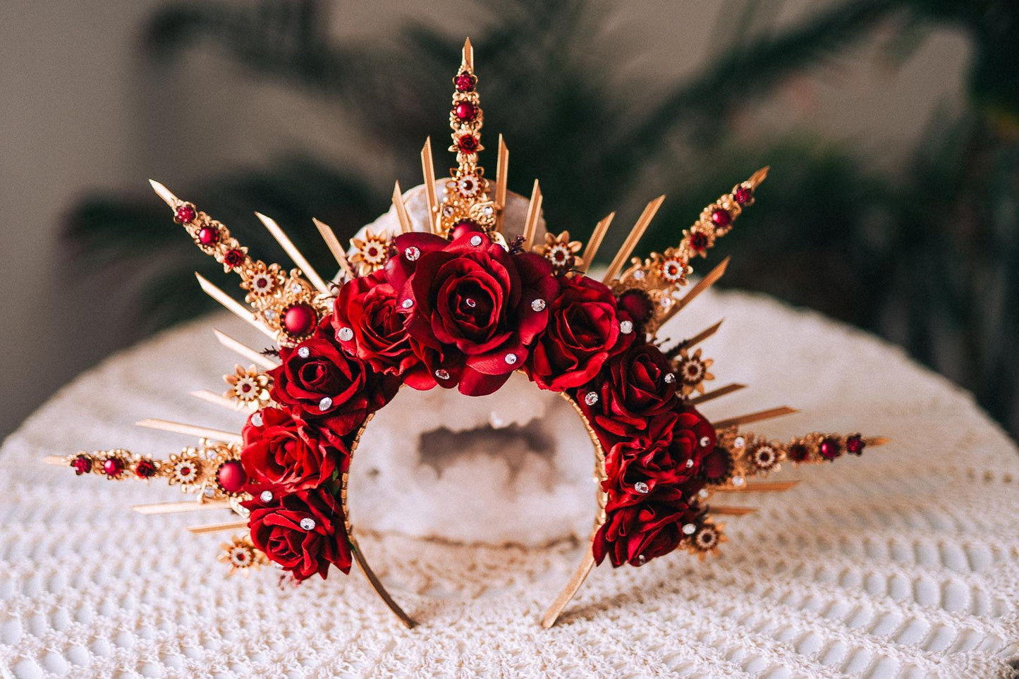 Burgundy Gold Crystal Masquerade Mask with Halo Crown, Venetian Mardi Gras Costume