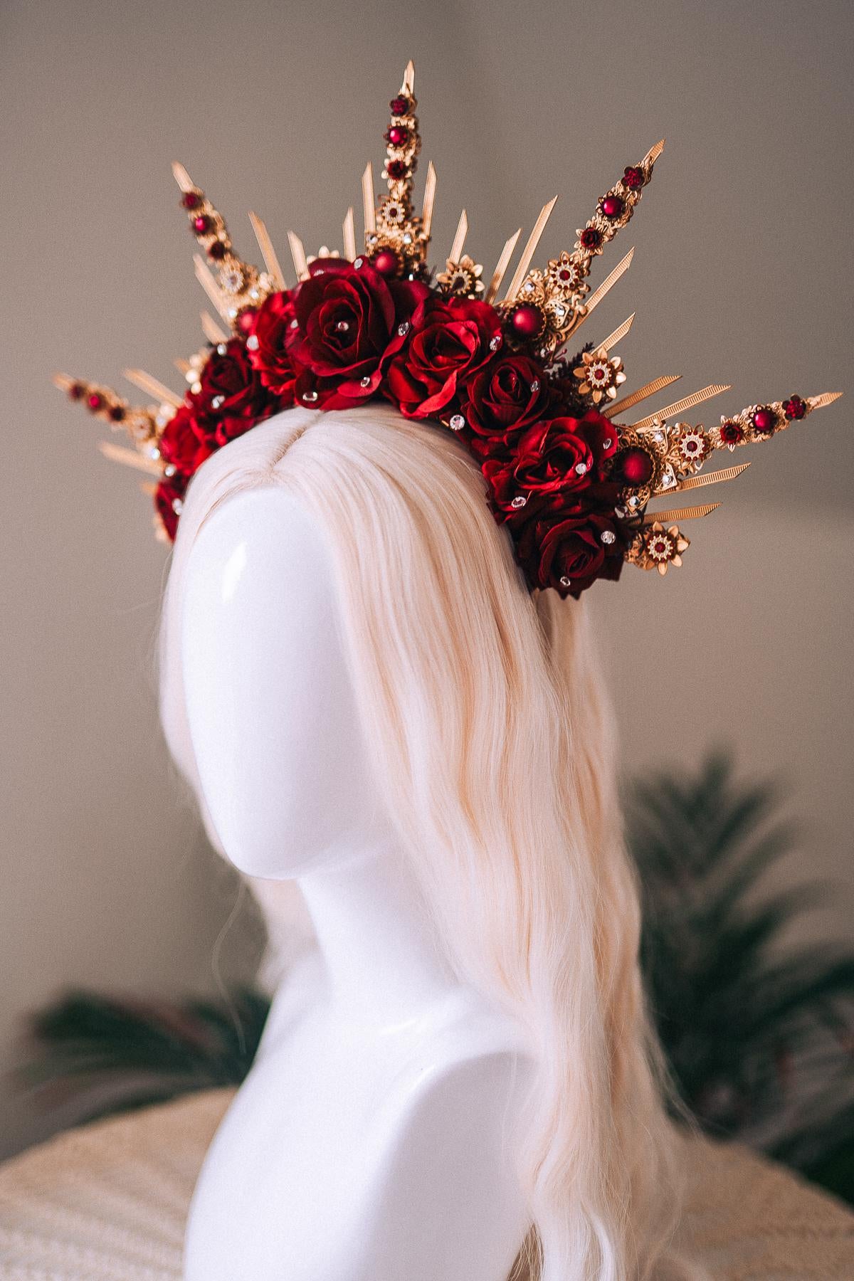 Emerald Green Halo Crown, Gold Headpiece, Carnival Costume, Flower Spiked Tiara, Baroque Festival Crown, Masquerade Queen Headdress