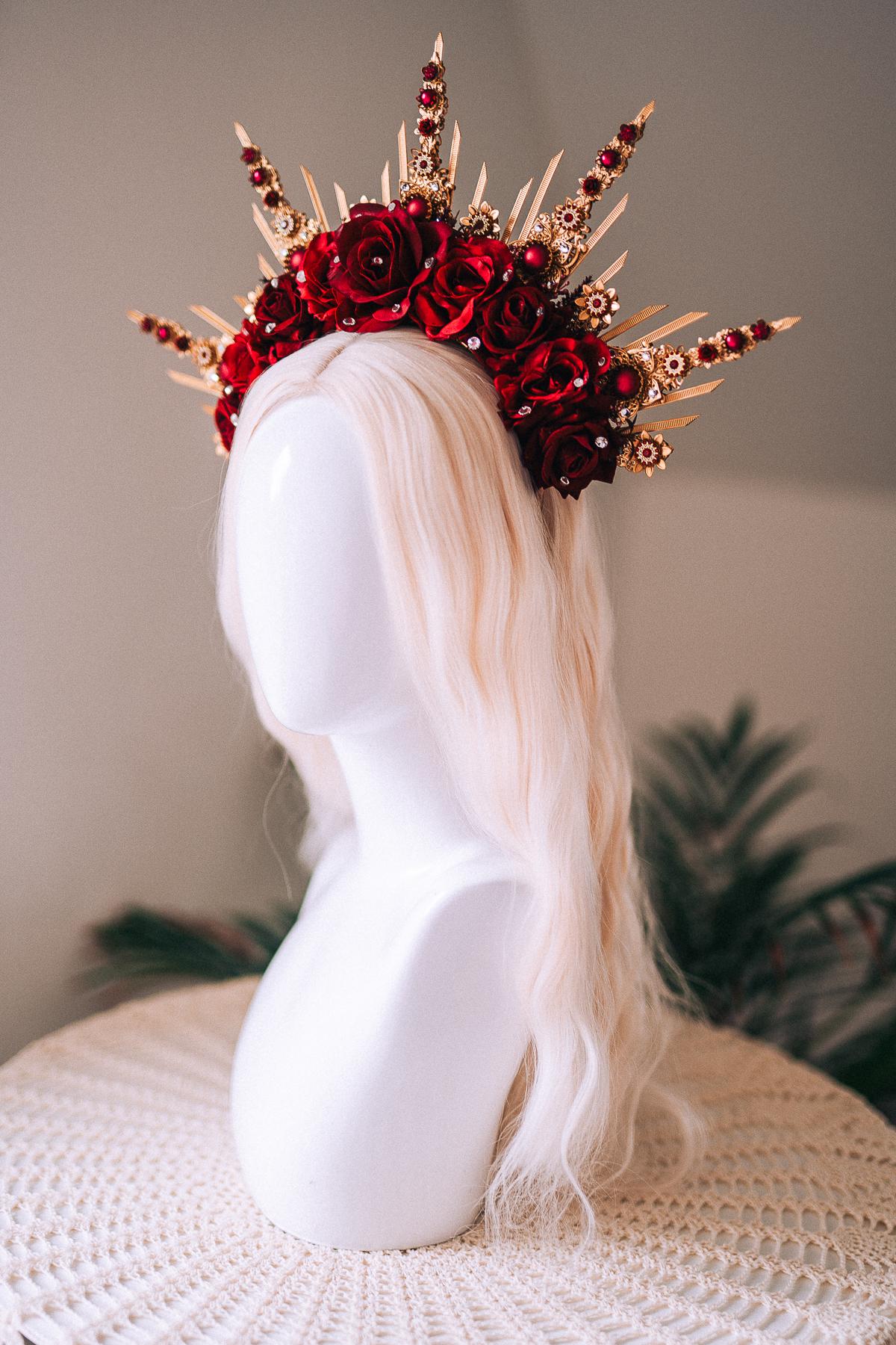 Emerald Green Halo Crown, Gold Headpiece, Carnival Costume, Flower Spiked Tiara, Baroque Festival Crown, Masquerade Queen Headdress