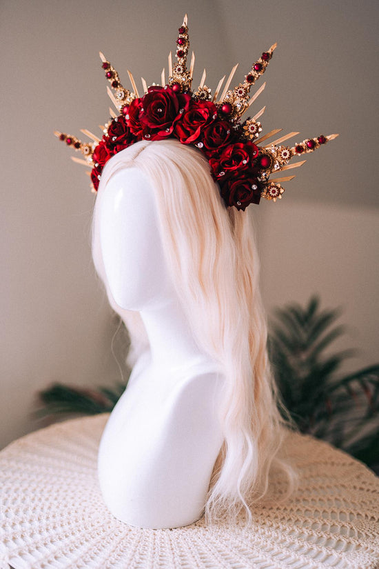 Emerald Green Halo Crown, Gold Headpiece, Carnival Costume, Flower Spiked Tiara, Baroque Festival Crown, Masquerade Queen Headdress