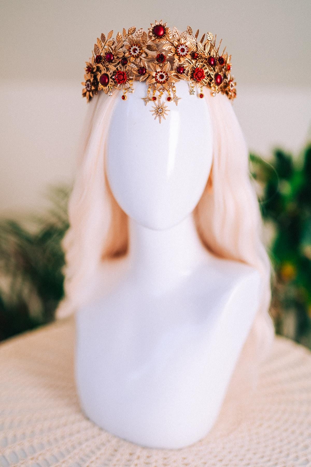 Gold Tiara,Bridal Headpiece,Burgundy Crown,Wedding Tiara,Gemstone Headband,Baroque Hairpiece,Red Flower Tiara,Gala Queen Look