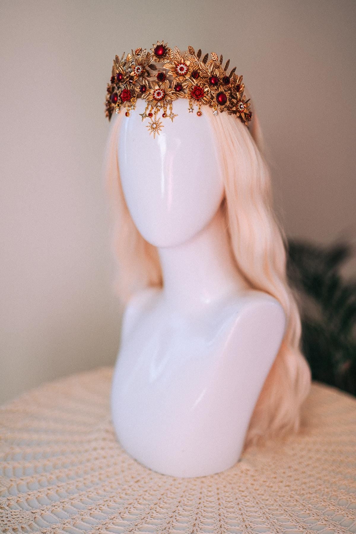 Gold Tiara,Bridal Headpiece,Burgundy Crown,Wedding Tiara,Gemstone Headband,Baroque Hairpiece,Red Flower Tiara,Gala Queen Look