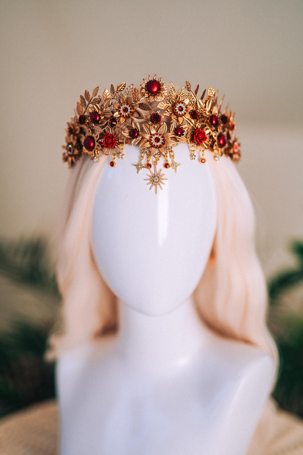 Gold Tiara,Bridal Headpiece,Burgundy Crown,Wedding Tiara,Gemstone Headband,Baroque Hairpiece,Red Flower Tiara,Gala Queen Look