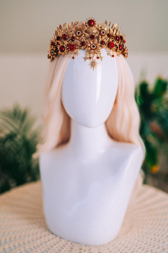 Gold Tiara,Bridal Headpiece,Burgundy Crown,Wedding Tiara,Gemstone Headband,Baroque Hairpiece,Red Flower Tiara,Gala Queen Look