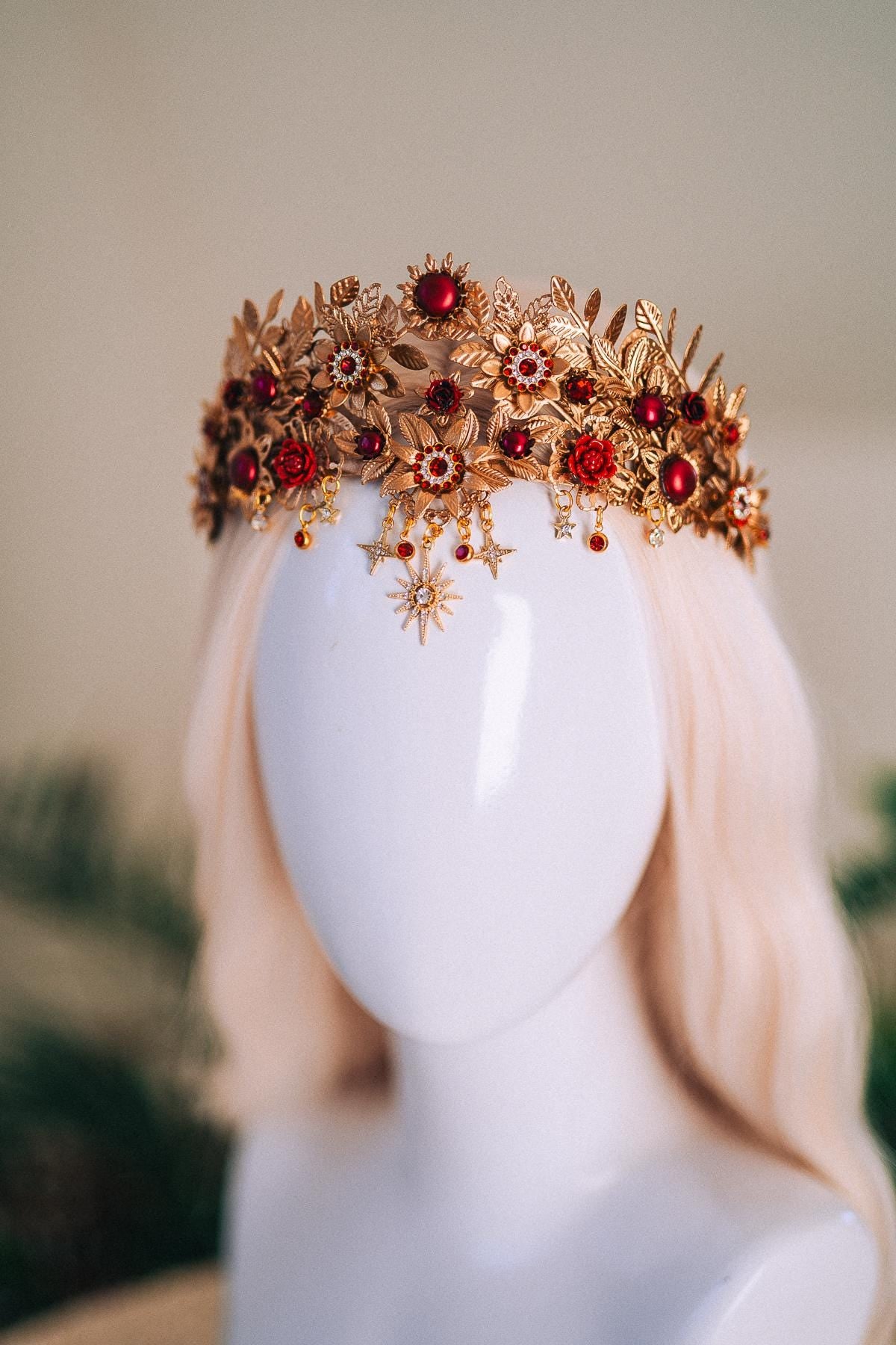 Gold Tiara,Bridal Headpiece,Burgundy Crown,Wedding Tiara,Gemstone Headband,Baroque Hairpiece,Red Flower Tiara,Gala Queen Look