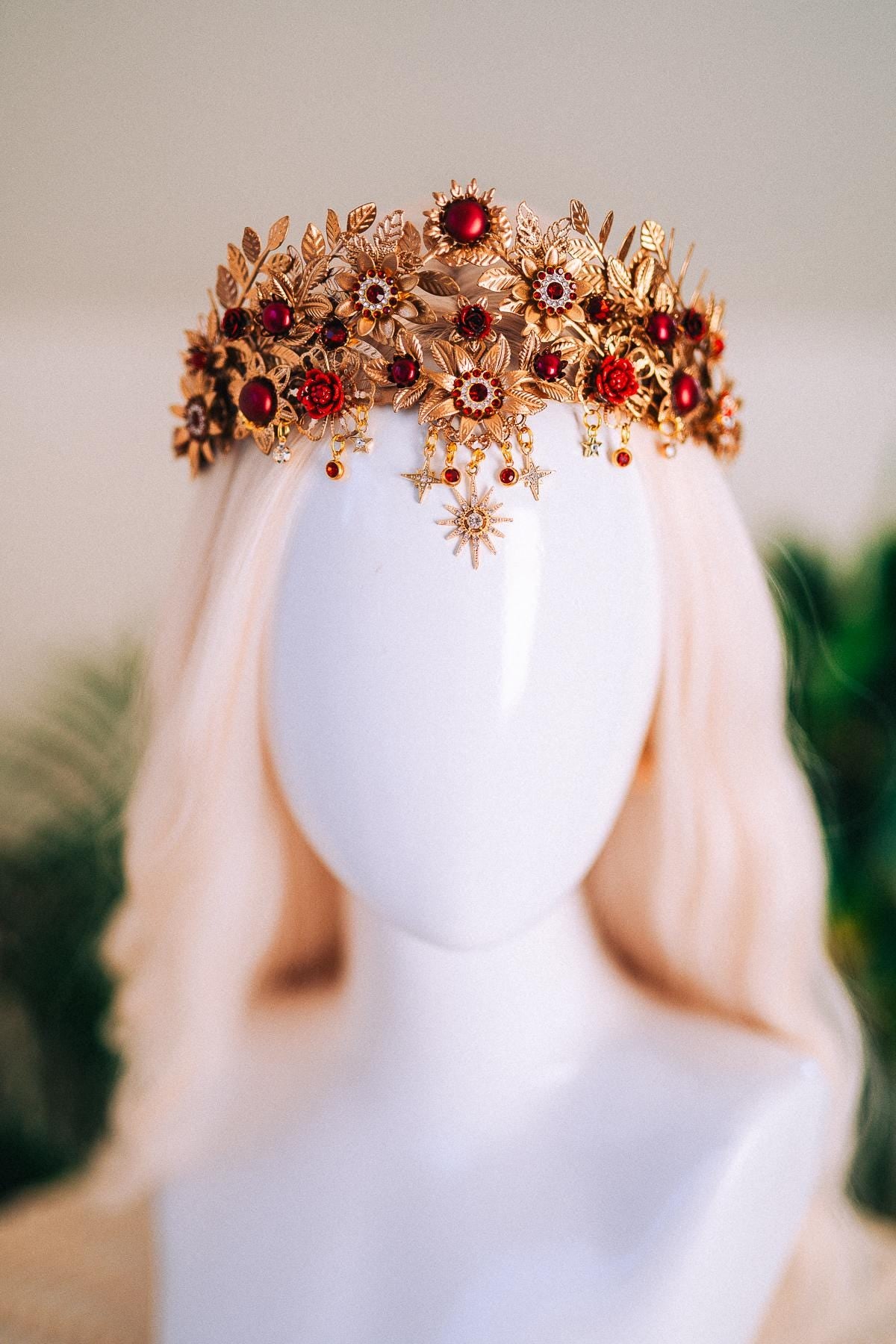 Gold Tiara,Bridal Headpiece,Burgundy Crown,Wedding Tiara,Gemstone Headband,Baroque Hairpiece,Red Flower Tiara,Gala Queen Look
