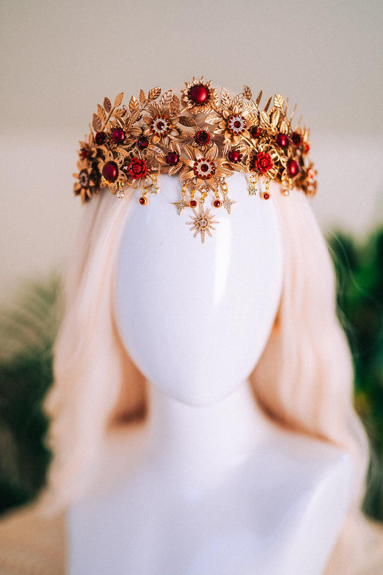 Gold Tiara,Bridal Headpiece,Burgundy Crown,Wedding Tiara,Gemstone Headband,Baroque Hairpiece,Red Flower Tiara,Gala Queen Look