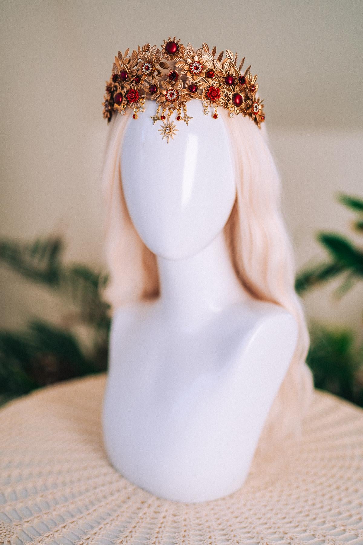 Gold Tiara,Bridal Headpiece,Burgundy Crown,Wedding Tiara,Gemstone Headband,Baroque Hairpiece,Red Flower Tiara,Gala Queen Look