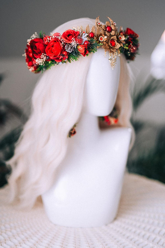 Christmas Red Floral Gold Crown Holiday Headpiece Winter Goddess Tiara