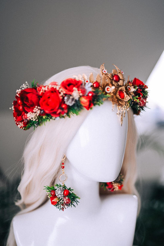 Christmas Red Floral Gold Crown Holiday Headpiece Winter Goddess Tiara