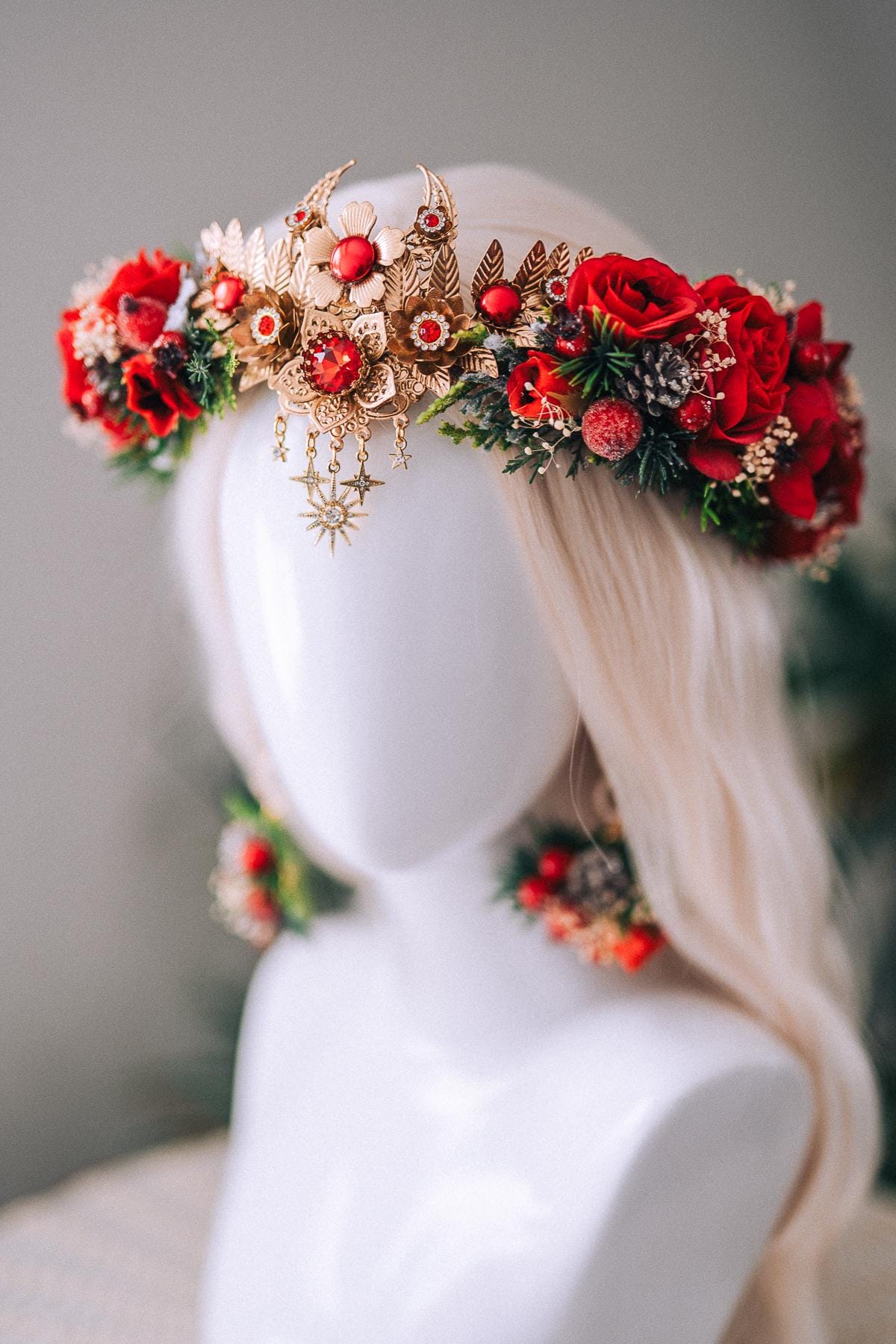 Christmas Red Floral Gold Crown Holiday Headpiece Winter Goddess Tiara
