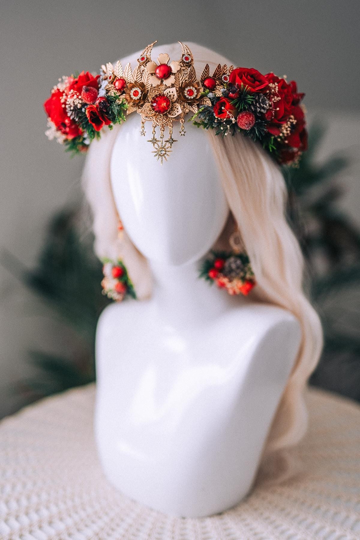 Christmas Red Floral Gold Crown Holiday Headpiece Winter Goddess Tiara